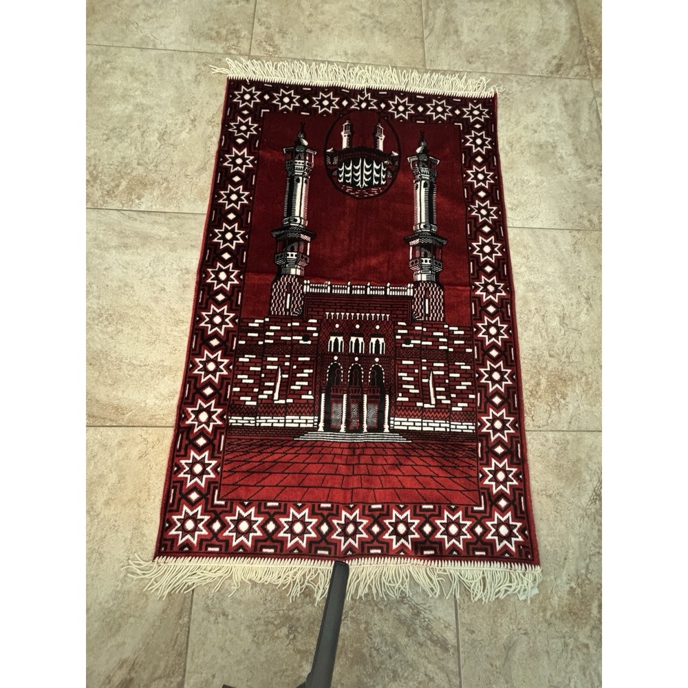 Vintage Hisar Tekstil Turkish Prayer Rug Kaaba Mecca Red 27x42 Fringe